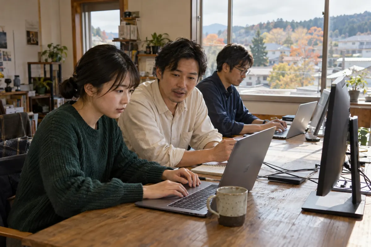 開発チームでノートPCの画面を確認する人たちの生成イメージ。