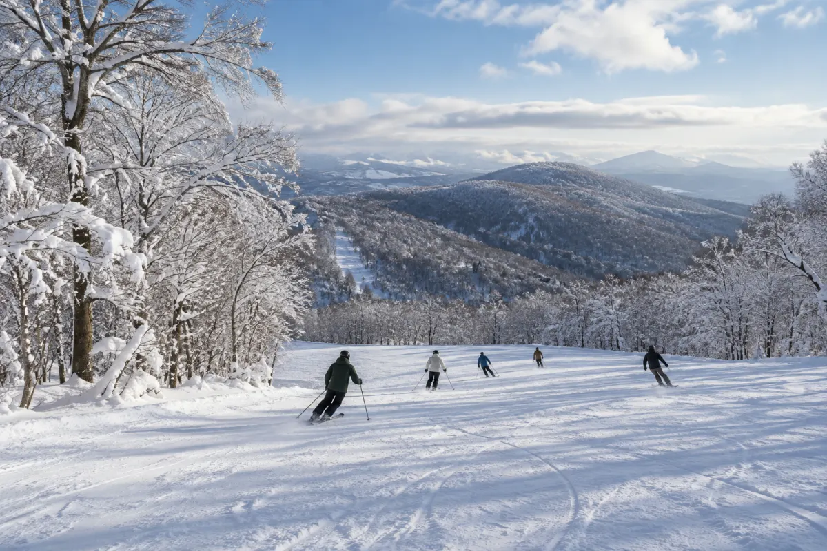 雪の積もる森林に囲まれた斜面を滑る人たち。北東北の冬を表現した生成イメージ。