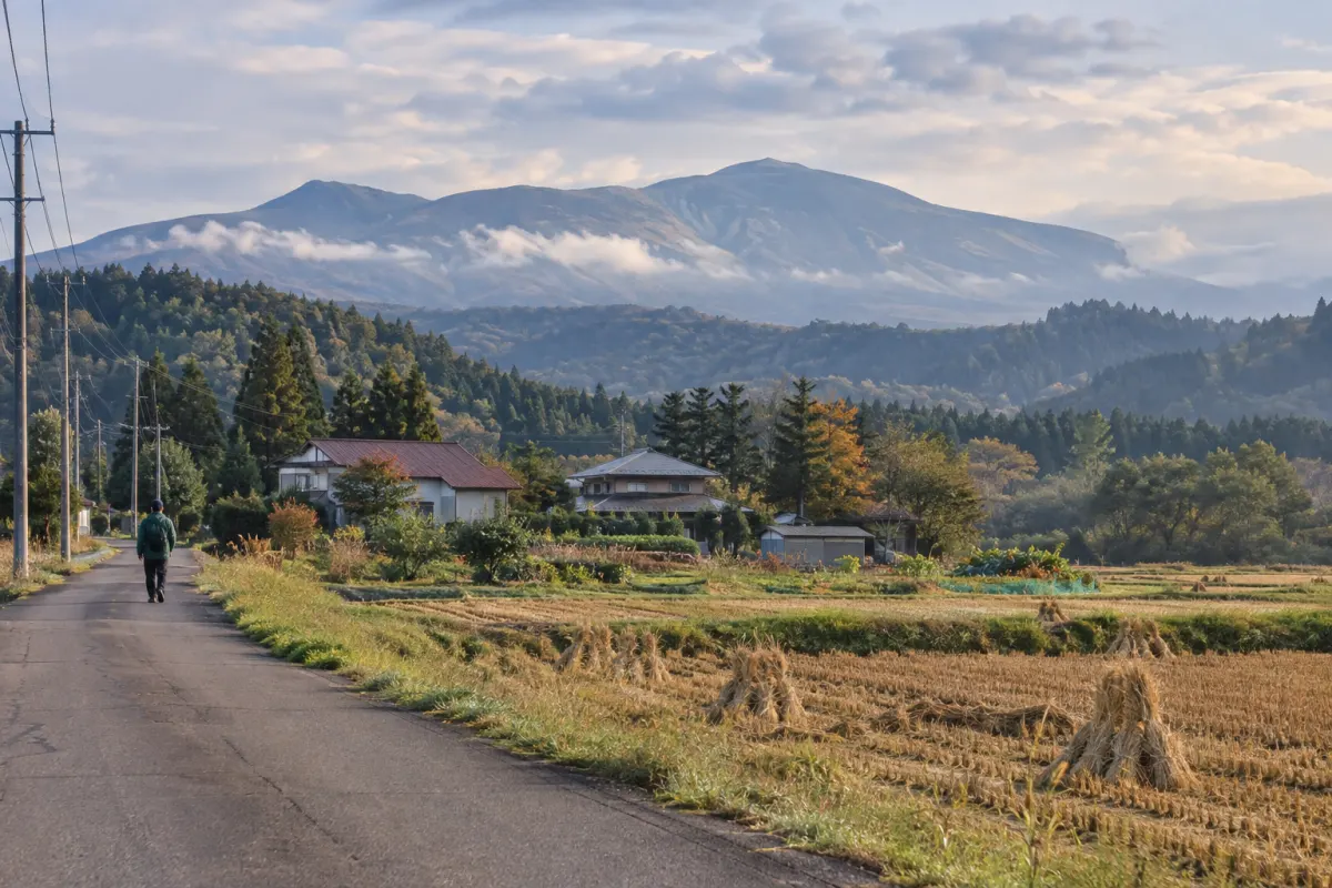収穫後の田畑と家々の間を歩く人。地域の暮らしを表現した生成イメージ。