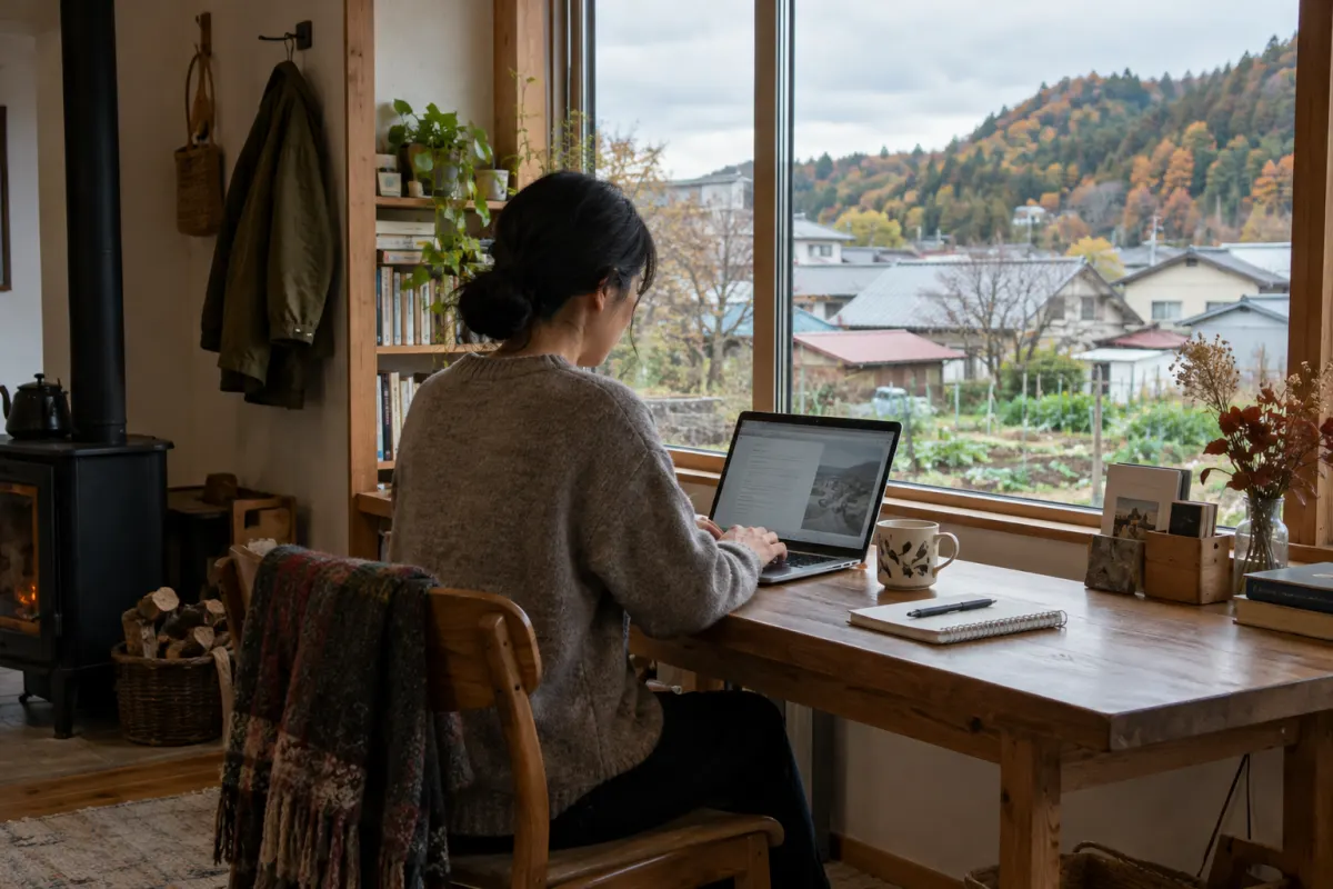 地域の家々と緑が見える窓辺でPCを使う人の生成イメージ。